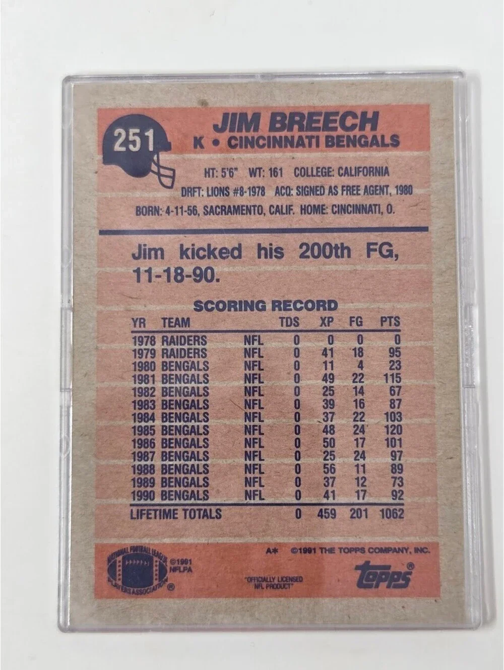 1991 Topps Jim Breech Bengals Signed Football Card Kicker NFL Vintage